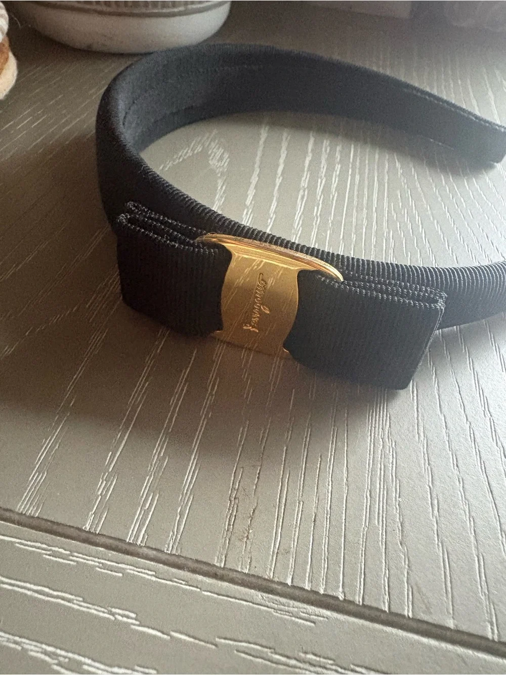 Salvatore Ferragamo Black Grosgrain Headband with Gold Plaque Bow